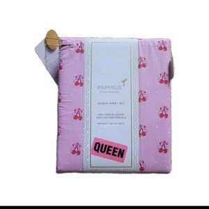 Papyrus Queen Bedsheet Set Cherry Coquette Pink Red Cherries Bows 100% Cotton